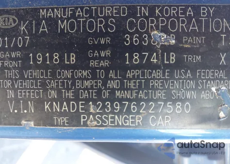 2007 Kia Rio Lx z USA, uszkodzony, nr VIN KNADE123976227580